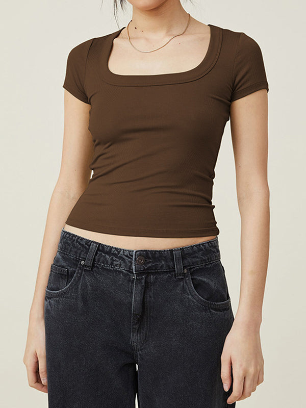 xakxx Short Sleeves Skinny Solid Color Square-Neck T-Shirts Tops