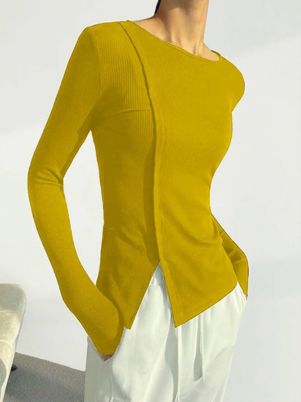 xakxx Skinny Solid Color Split-Joint Split-side Round-neck T-shirts