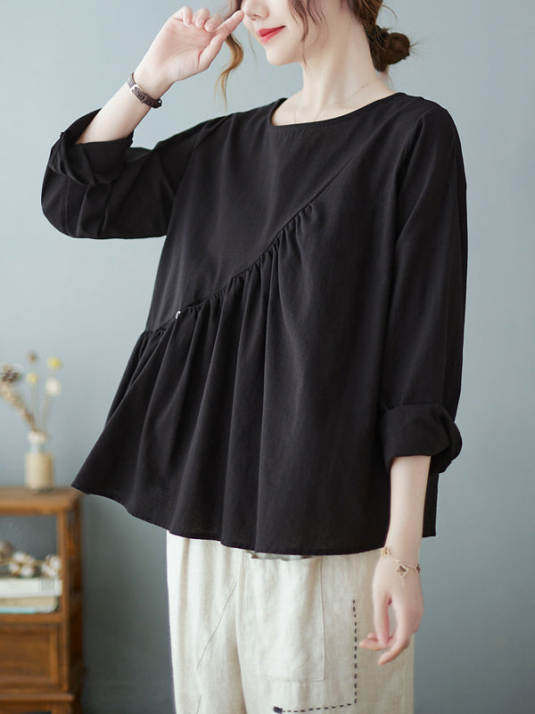 xakxx Casual Loose Long Sleeves Solid Color Round-Neck T-Shirts Tops