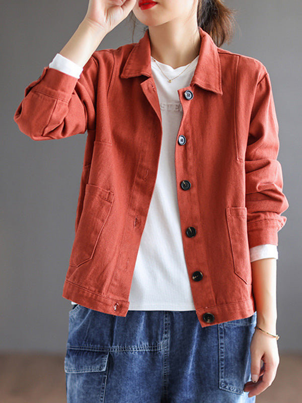 xakxx Vintage Loose Long Sleeves Buttoned Solid Color Lapel Collar Outerwear