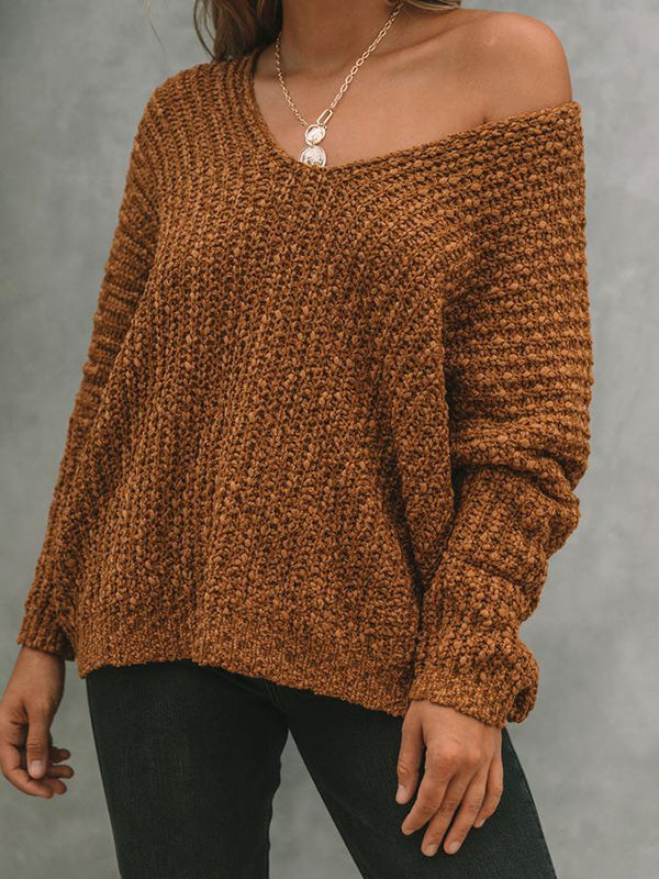 xakxx Long Sleeves Loose Solid Color V-Neck Knitwear Pullovers Sweater Tops
