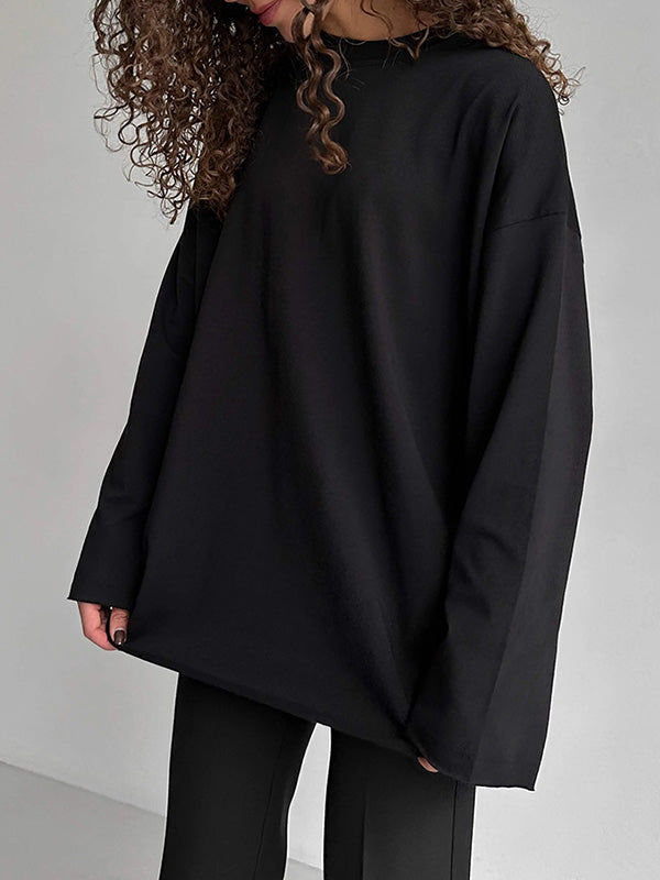 xakxx Long Sleeves Loose Solid Color Round-Neck T-Shirts Tops