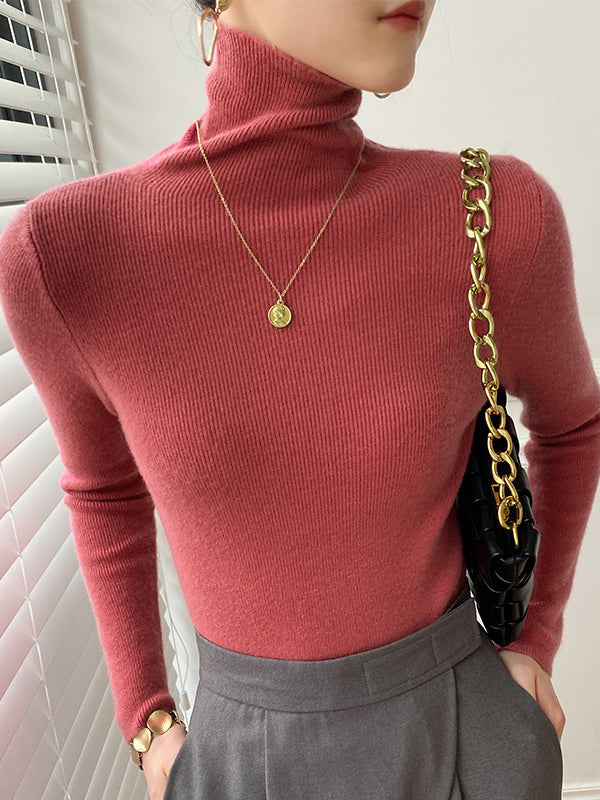 xakxx Simple Skinny Long Sleeves Solid Color Sweater Tops