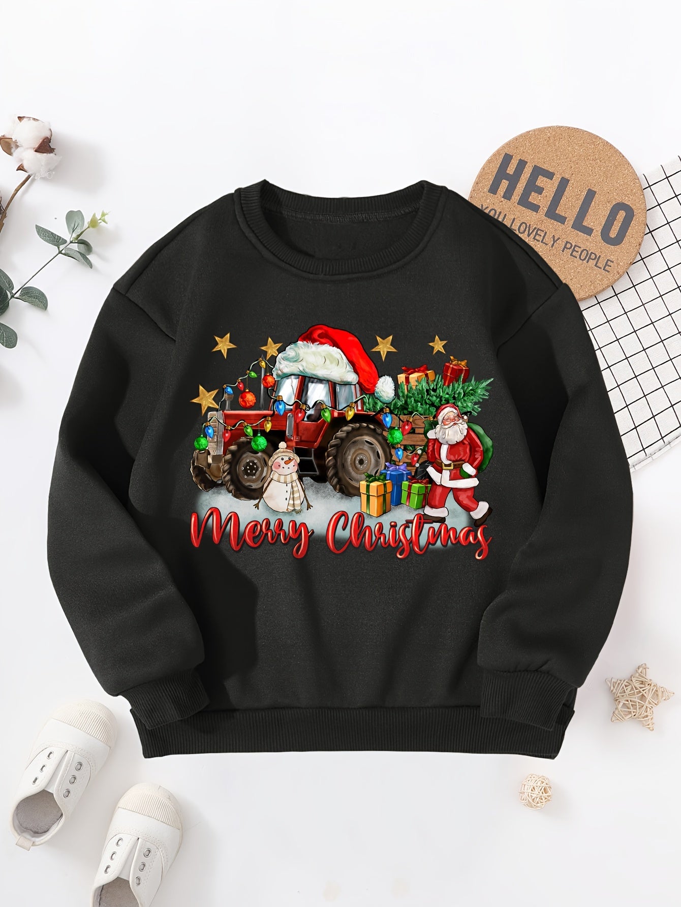 Boys' Cozy Fleece-Lined Christmas Sweatshirt with Festive Tractor Print - Casual Long Sleeve Pullover for Fall/Winter