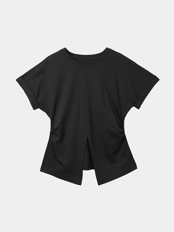 xakxx Batwing Sleeves Loose Pleated Solid Color Split-Front Split-Joint Round-Neck T-Shirts