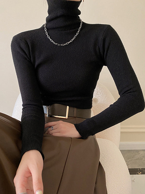 xakxx Simple Skinny Long Sleeves Solid Color High-Neck Pullovers