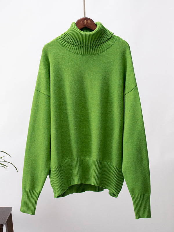 xakxx Long Sleeves Loose Solid Color High Neck Knitwear Pullovers Sweater Tops