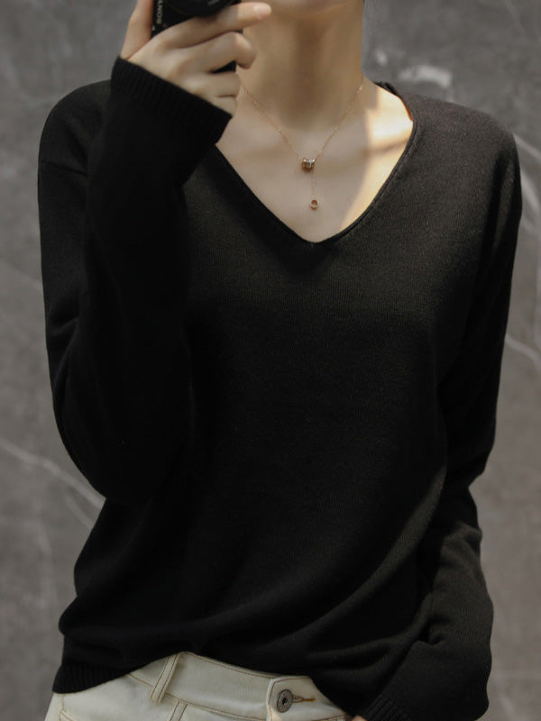 xakxx Simple Solid Color V-Neck Long Sleeve Knitwear Tops