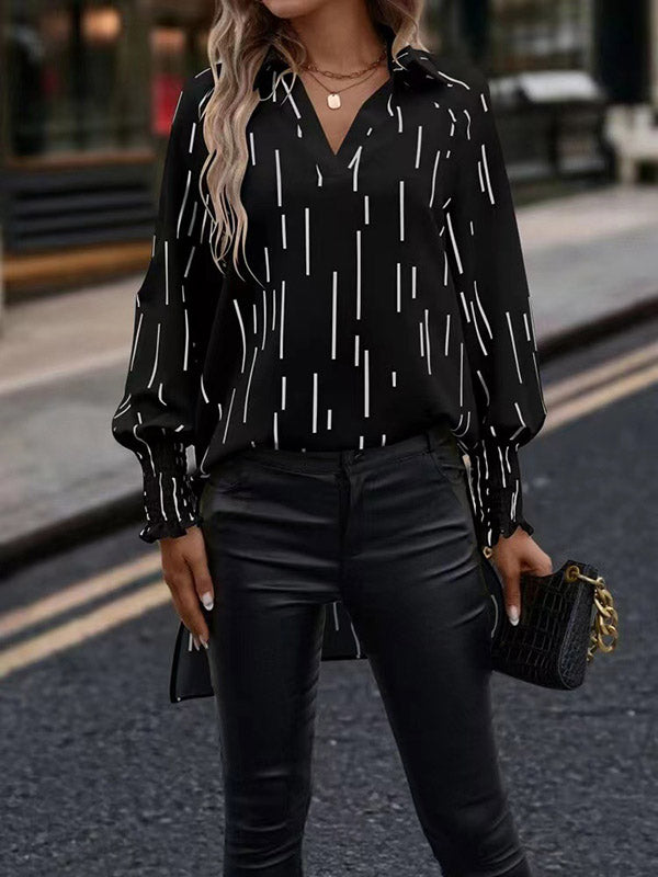 xakxx High-Low Long Sleeves Elasticity Printed V-Neck T-Shirts Tops