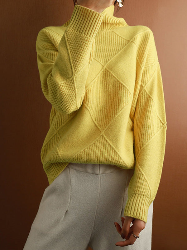 xakxx Casual Loose Solid Color Striped High-Neck Long Sleeves Sweater Tops