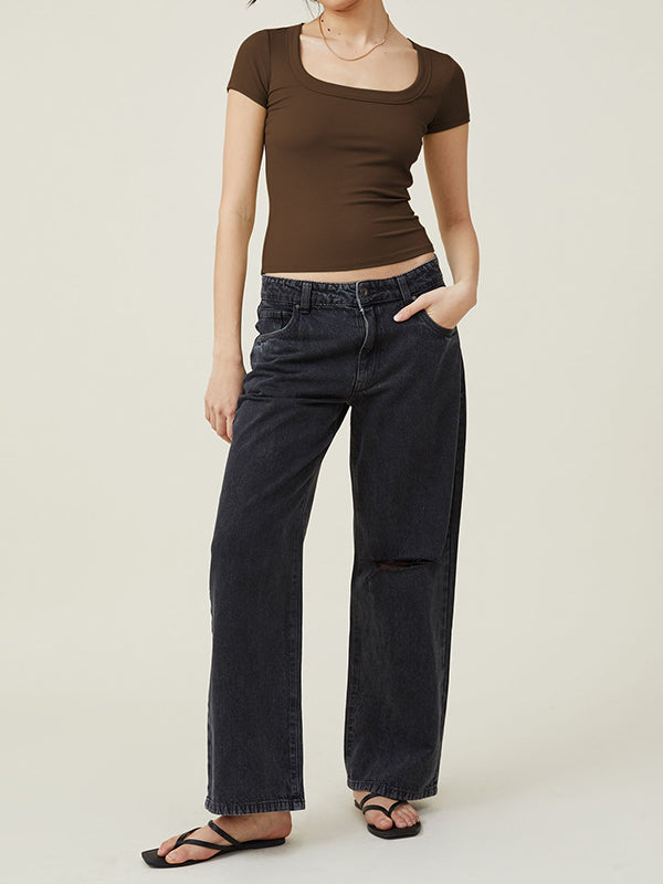 xakxx Short Sleeves Skinny Solid Color Square-Neck T-Shirts Tops