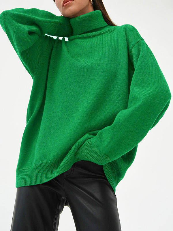 xakxx Long Sleeves Loose Solid Color High Neck Knitwear Pullovers Sweater Tops
