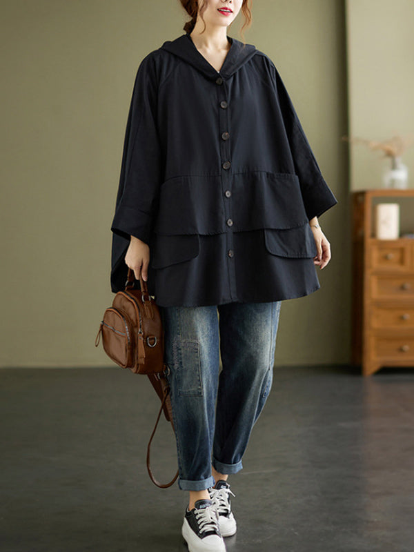 xakxx Loose Solid Color Buttoned Hooded Long Sleeves Trench Coat