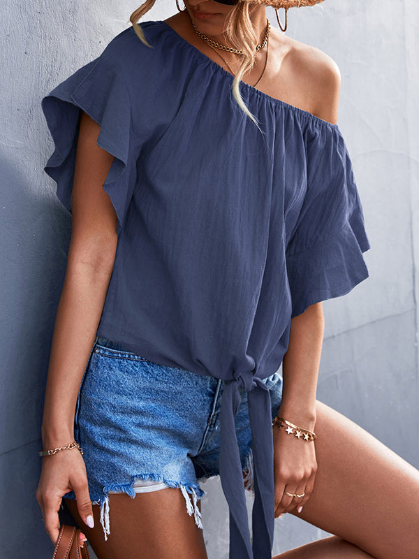xakxx Loose Short Sleeves Elasticity Falbala Pleated Solid Color Tied Round-Neck T-Shirts Tops