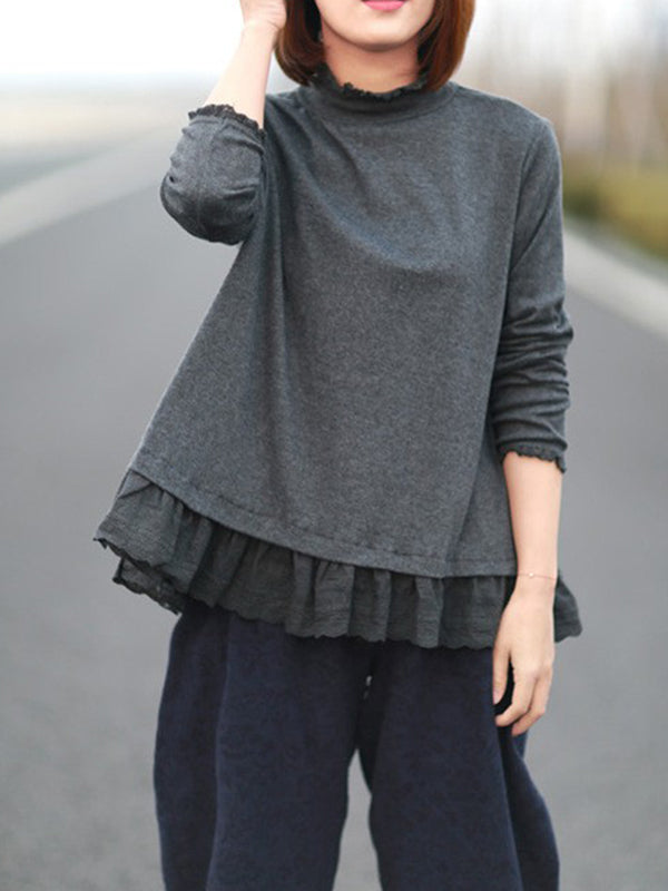 xakxx Original Creation Long Sleeves Loose Ruffled Solid Color Stand Collar T-Shirts Tops