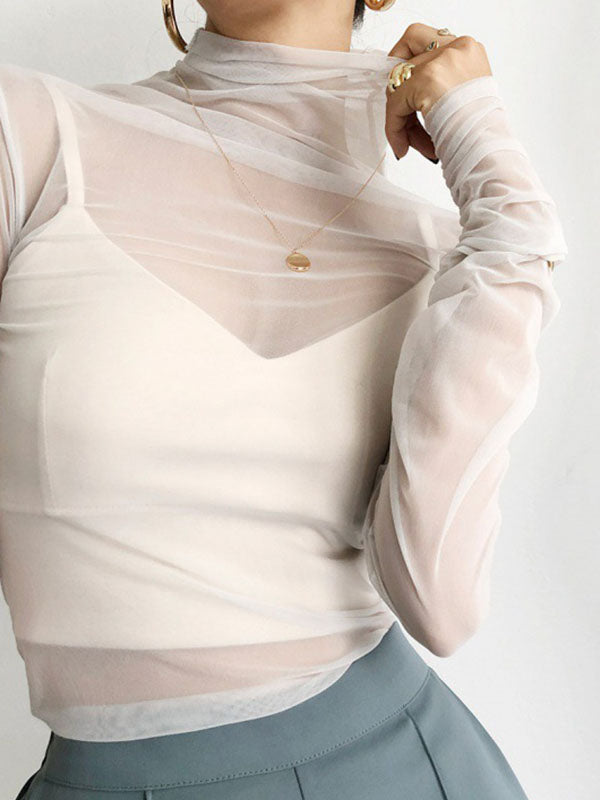 xakxx Long Sleeves Skinny Gauze See-Through Solid Color High Neck T-Shirts
