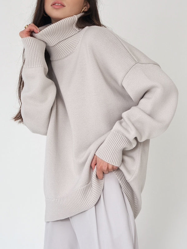 xakxx Long Sleeves Loose Solid Color High Neck Knitwear Pullovers Sweater Tops