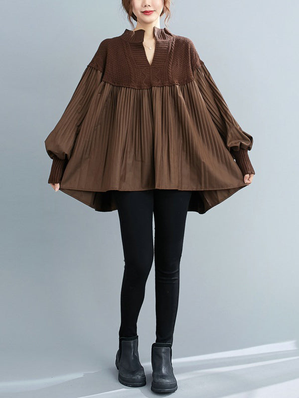 xakxx Stylish Knitting Split-Joint Puff Sleeve Shirt Pullover Top
