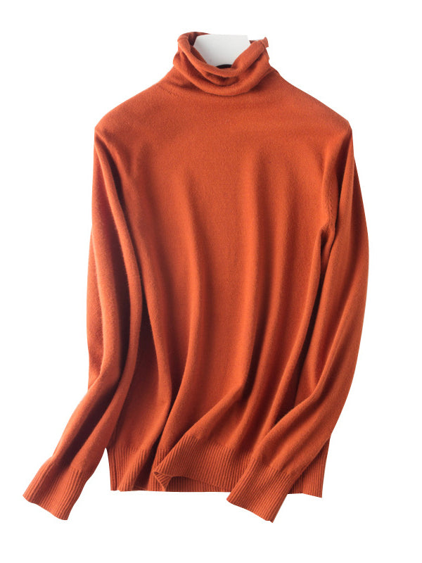 xakxx Simple Loose Long Sleeves Solid Color High-Neck Sweater Tops