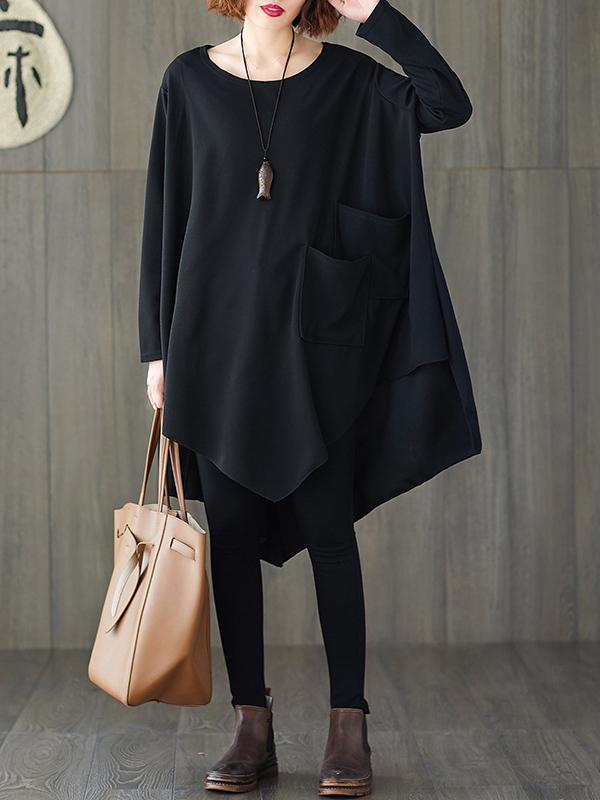 xakxx Loose Black Cropped Solid Long Sleeve T-Shirt