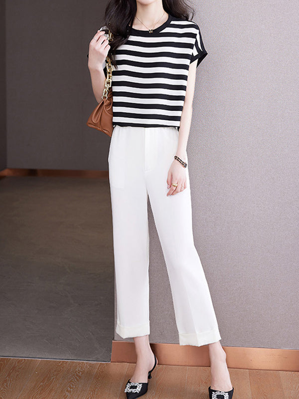 xakxx Loose Plus Size Contrast Color Striped Round-Neck T-Shirts