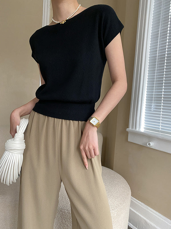 xakxx Stylish Loose Solid Color Boat Neck Knitwear Pullovers Tops