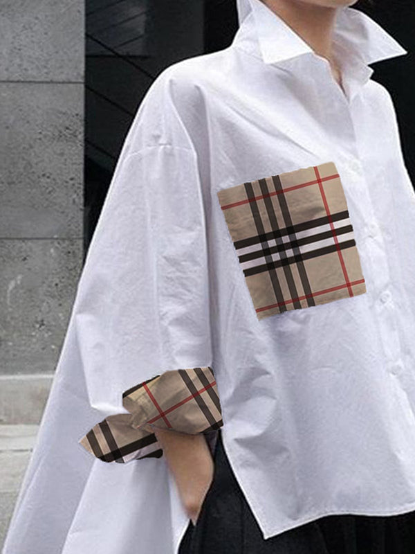 xakxx High-Low Long Sleeves Buttoned Plaid Pockets Split-Joint Split-Side Lapel Blouses&Shirts Tops
