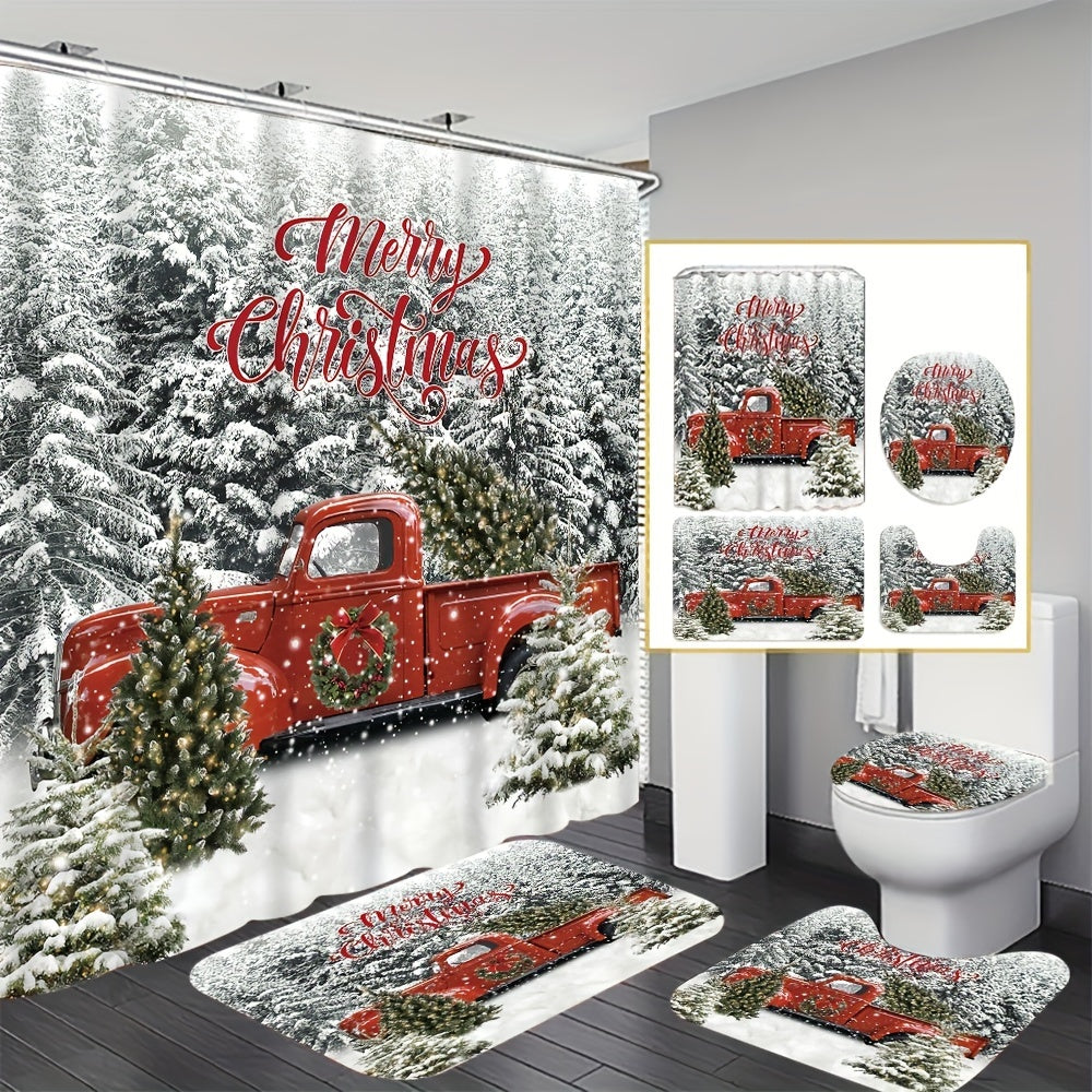 Festive Winter Red Truck Bathroom Decor Set - Waterproof Shower Curtain, Non-Slip Bath Mat, Toilet Seat Cover, Bathroom Rug, 12 Plastic Hooks, and More - Perfect for Cozy Home Decor and Winter Holiday Theme