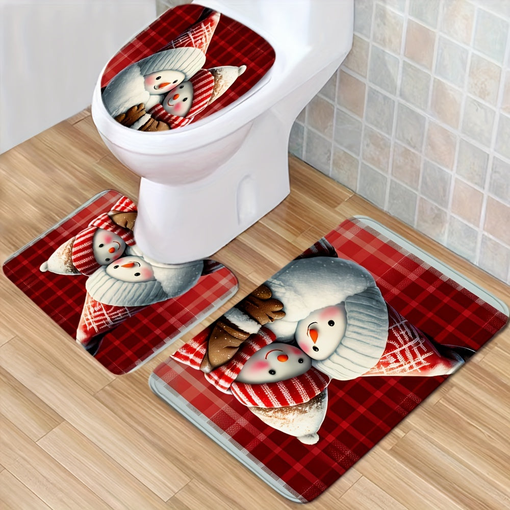 1pc, Ultra Soft and Non-Slip Christmas Snowman Bathroom Rugs Set - Perfect for Bathroom/Shower - Machine Washable - Absorbent Bath Mat Carpets - U-Shaped Contour Rug - Bathroom Supplies
