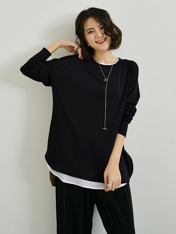 xakxx Simple Long Sleeves Loose Split-Side Solid Color Round-Neck T-Shirts Tops
