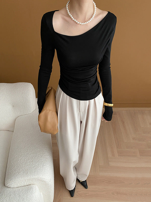 xakxx Long Sleeves Skinny Solid Color Asymmetric Collar T-Shirts Tops