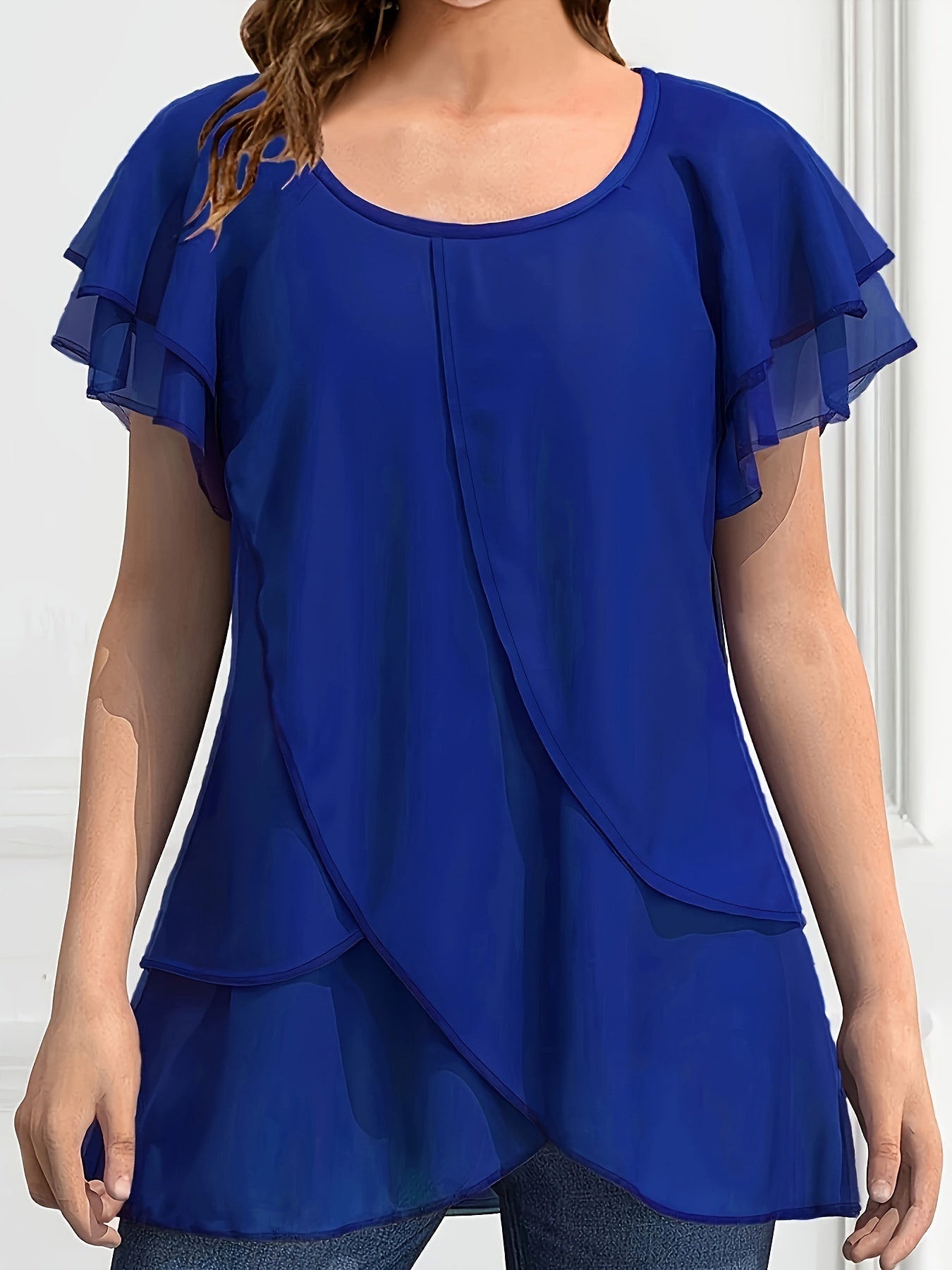 Vibrant Color Crew Neck Blouse - Ruffled Sleeve, Layered, Casual, Spring & Summer Essential - Women's Clothing for Everyday Wear