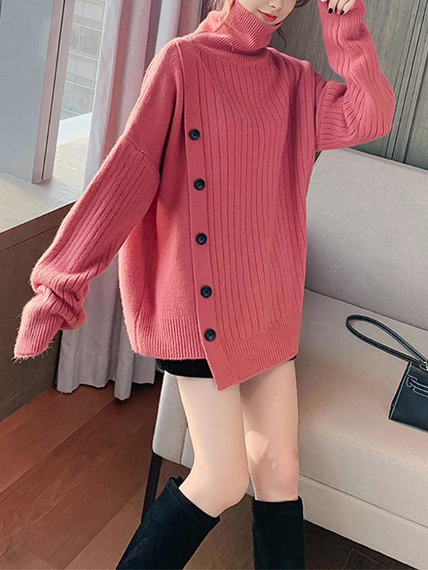 xakxx High-Low Long Sleeves Asymmetric Buttoned High-Neck Knitwear Pullovers Sweater Tops