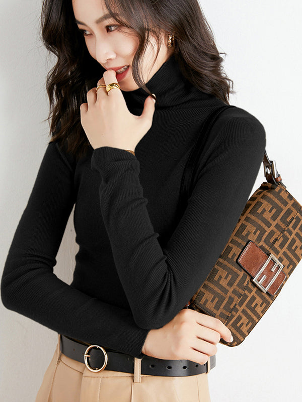 xakxx Simple Skinny Long Sleeves Solid Color High-Neck Sweater Tops Pullovers
