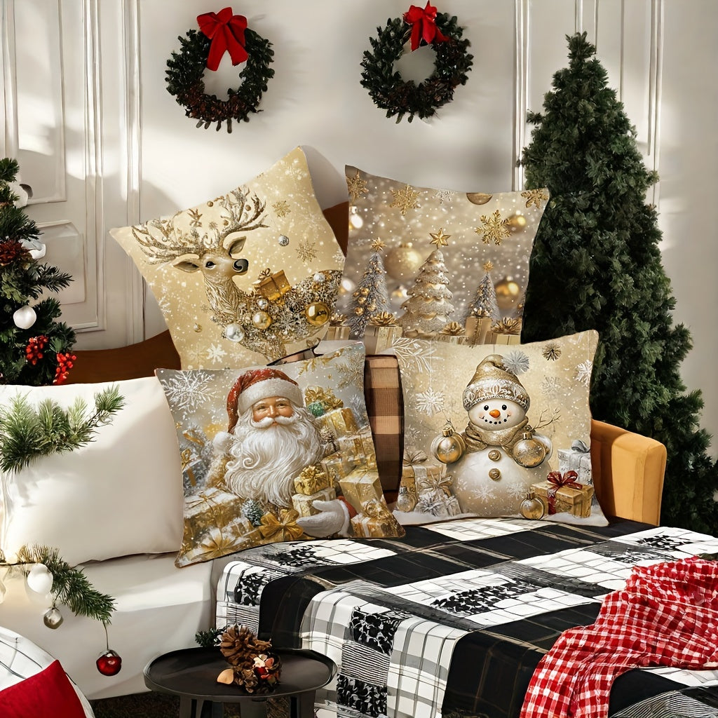 4pcs, Christmas pillowcase, Golden Santa Claus, snowman, deer, Christmas tree, beautiful and practical 17.7 inches * 17.7 inches, suitable for home and outdoor sofa decoration, living room sofa, bedroom zipper pillowcase (excluding pillow core)