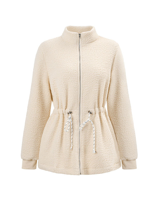xakxx Long Sleeves Loose Drawstring Solid Color Velvet Zipper Stand Collar Outerwear