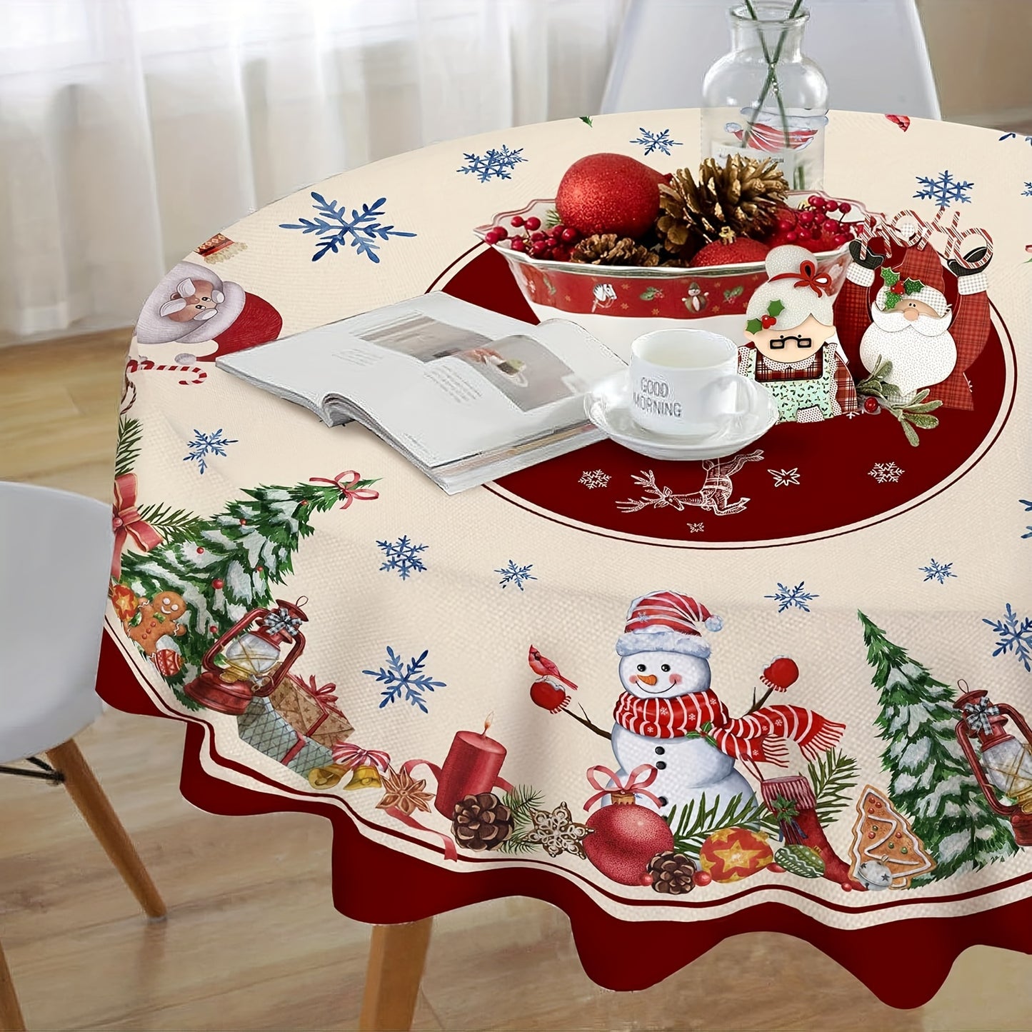 1pc Merry Christmas Polyester Tablecloth - Cartoon Style Santa Claus Snowflake Pattern, Holiday Desktop Decoration Fabric, Christmas Atmospheric Table Decor, Home Decoration, Gift Idea