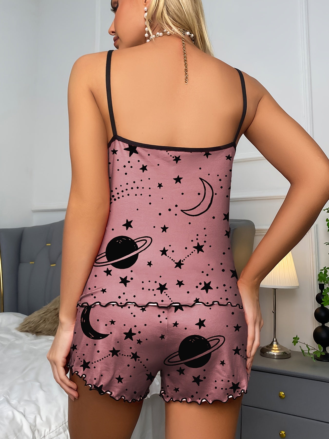 Starry Print Pajama Set, Crew Neck Cami Top & Lettuce Trim Shorts, Women's Sleepwear & Loungewear