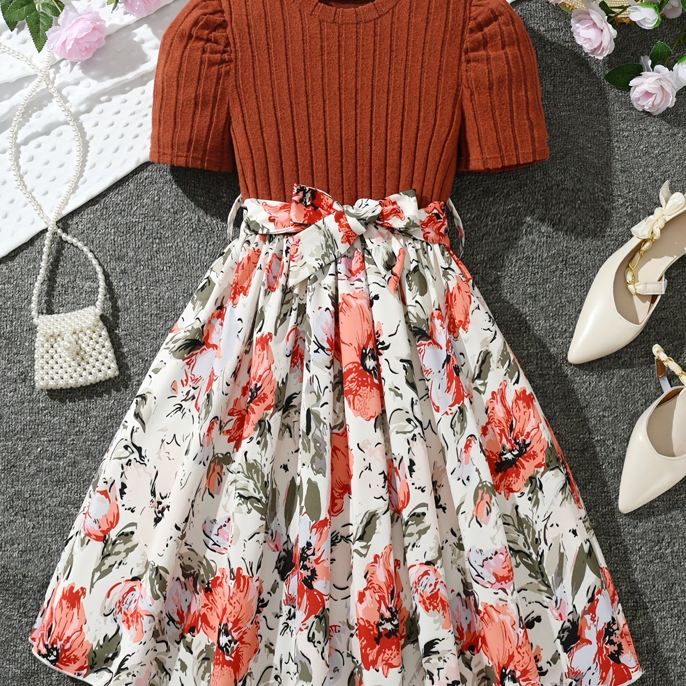 Girls Midi Floral Spliced Casual Dress with Belt - Ribbed Textured, Puff Short Sleeves, Trapeze Hem, and Medium Stretch Polyester Fabric for Summer Vacation Wear
