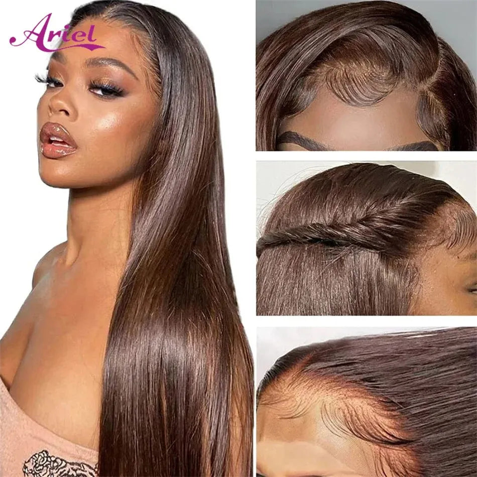 13x4 HD Glueless Straight Lace Front Wigs Human Hair Preplucked Chocolate Brown Colored Transparent Lace Frontal Wig Human Hair