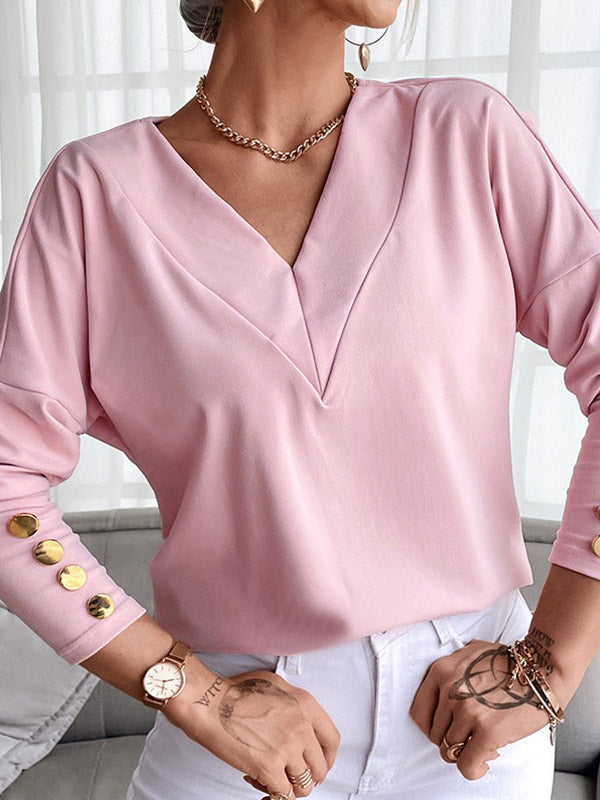xakxx Long Sleeves Loose Buttoned V-Neck T-Shirts Tops