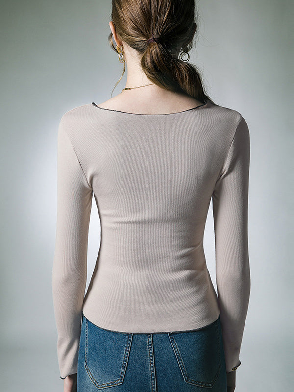 xakxx Long Sleeves Skinny Split-Front Lapel T-Shirts Tops