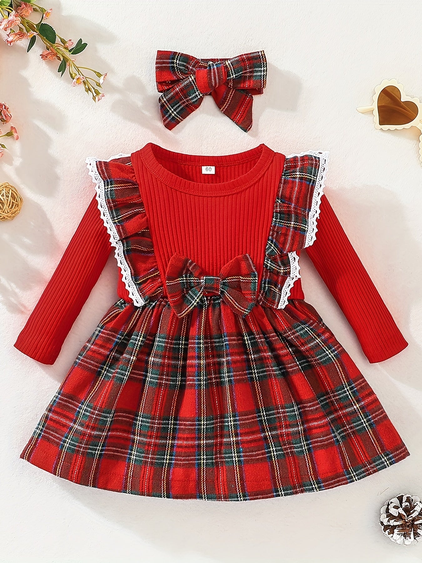 Girls 2pcs Christmas Set Ribbed Knit Plaid Flutter Trim And Bow Dress & Plaid Headband Set, Comfy Sets For Party, Gift, Christmas