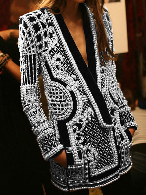 xakxx Original Creation Loose Long Sleeves Beads Printed V-Neck Blazer Outerwear