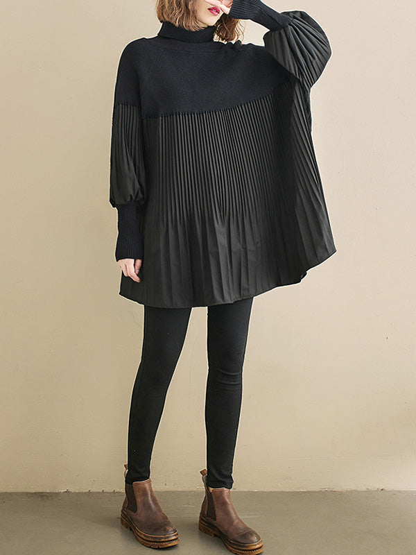 xakxx Knitting Pleats Split-Joint High-Neck Pullover Top
