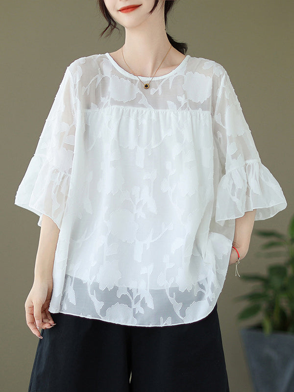 xakxx Loose Short Sleeves Falbala Pleated See-Through Split-Joint Round-Neck T-Shirts