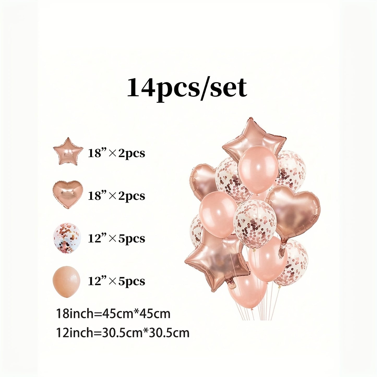 14pcs Rose Golden Balloon Set: Perfect for Weddings, New Year, Christmas, Bridal Showers, Birthdays, And More - Includes 18" Stars, 18" Hearts, 12" Polka Dot Balloons, And 12" Plain Balloons