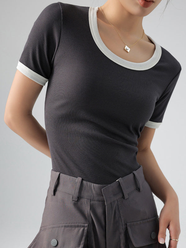 xakxx Short Sleeves Skinny Contrast Color Round-Neck T-Shirts