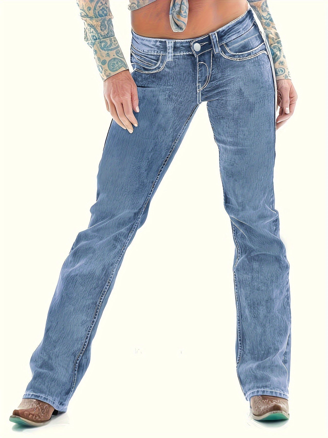 Slant Pockets Washed Bootcut Jeans, Slim Fit Stretchy Denim Pants, Women's Denim Jeans & Clothing