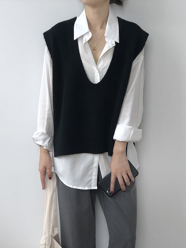 xakxx Knitting Irregularity Solid V-Neck Vest